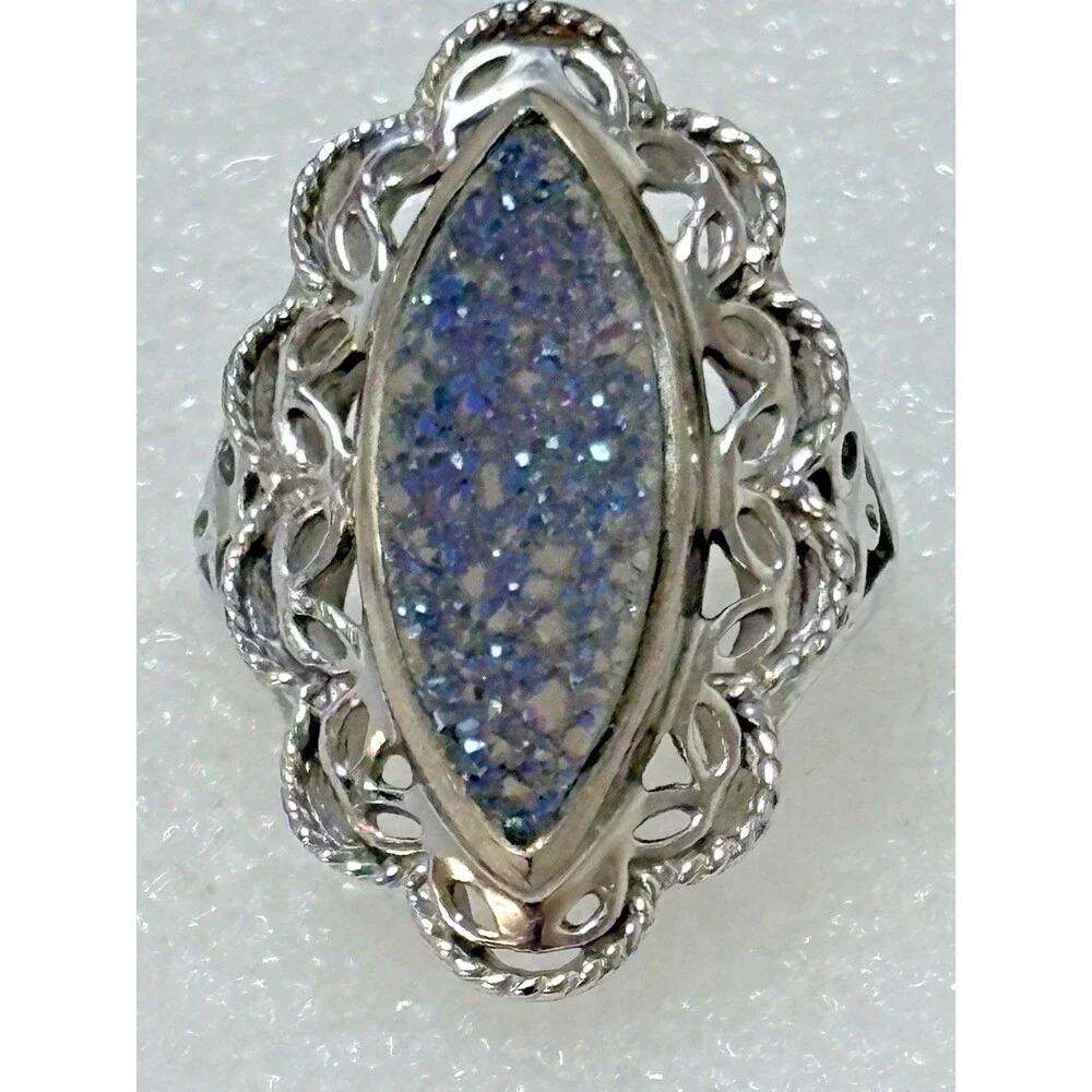 Ring Sterling Silver Drusy Peacock Quartz Ring - Size 6